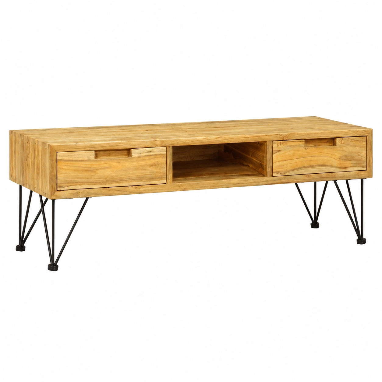 Massivholz Teak TV-Schrank im Kolonialstil mit Schubladen und Regal, 120 x 35 x 35 cm
