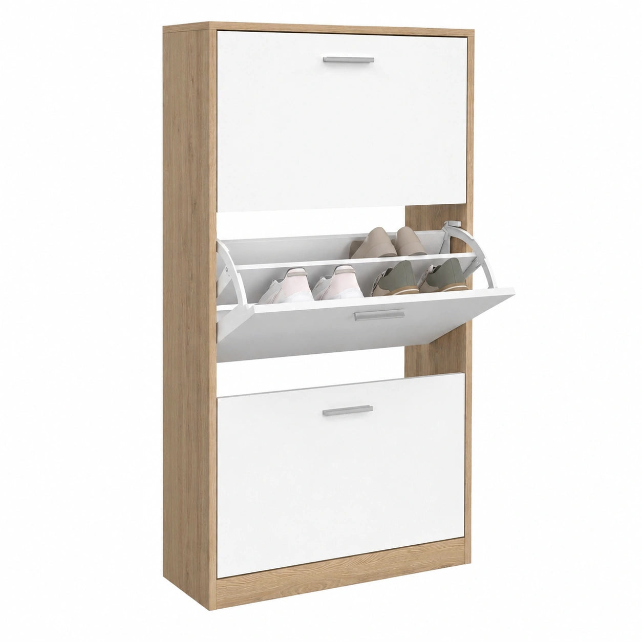 IDMarket Schuhschrank für 18 Paar, Buche-Optik, mit 3 Weißen Türen